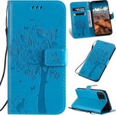 Tree & Cat Pattern Pressed Printing Horizontale Flip PU lederen tas met houder & kaartsleuven & portemonnee & lanyard voor iPhone 11 Pro Max (blauw)