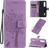 Voor OPPO Find X2 Pro Tree & Cat Pattern Pressed Printing Horizontale Flip PU lederen tas met houder & kaartsleuven & portemonnee & lanyard (lichtpaars)