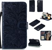 Voor Samsung Galaxy Note20 Kant Bloem Horizontale Flip Leren Case met Houder & Kaartsleuven & Portemonnee & Fotolijst (Donkerblauw)