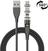 2m 3A Max USB naar 8-pins + USB-C / Type-C + Micro USB 540 graden roterende magnetische oplaadkabel (zwart)