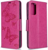Voor Galaxy S20 Embossing Two Butterflies Pattern Horizontale Flip PU Leather Case met Houder & Card Slot & Wallet & Lanyard (Rose Red)