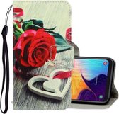 Voor Galaxy A50 3D gekleurde tekening horizontale flip PU lederen tas met houder & kaartsleuven & portemonnee (rode roos)