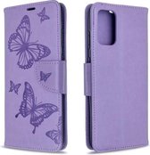 Voor Galaxy S20 Ultra Embossing Two Butterflies Pattern Horizontale Flip PU Leather Case met houder & kaartsleuf & portemonnee & lanyard (paars)