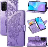 Voor Huawei Honor 30 Lite Butterfly Love Flower Reliëf Horizontale Flip Leren Case met Houder & Kaartsleuven & Portemonnee & Lanyard (Lichtpaars)