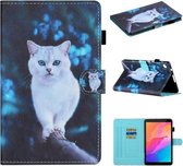 Voor Huawei MatePad T8 Gekleurde Tekening Stiksels Horizontale Flip Leather Case met Houder & Kaartsleuven (Blue Eyed White Cat)