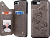Voor iPhone 8 Plus & 7 Plus Butterfly Embossing Pattern Schokbestendige beschermhoes met houder & kaartsleuven en fotolijst (grijs)