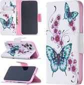 Voor iPhone 12/12 Pro Gekleurd tekeningpatroon Horizontaal leren flip-hoesje met houder & kaartsleuven & portemonnee (perzikbloesem en vlinder)