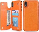 Voor iPhone XR POLA TPU + pc-beplating Volledige dekking Beschermhoes met houder & kaartsleuven en fotolijst (oranje)
