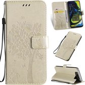 Tree & Cat Pattern Pressed Printing Horizontale Flip PU lederen tas met houder & kaartsleuven & portemonnee & lanyard voor Galaxy A80 (goud)