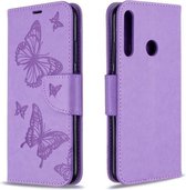 Voor Huawei P40 Lite E / Y7P Twee Vlinders Embossing Patroon Horizontale Flip Leren Case met Houder & Kaartsleuf & Portemonnee & Lanyard (Paars)