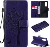 Voor OPPO Reno4 Pro 4G Tree & Cat Pattern Pressed Printing Horizontale Flip PU lederen tas met houder & kaartsleuven & portemonnee & lanyard (paars)