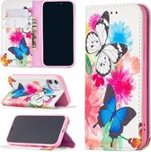 Gekleurd tekenpatroon Onzichtbare magnetische horizontale Flip PU lederen tas met houder & kaartsleuven & portemonnee voor iPhone 12 mini (twee vlinders)