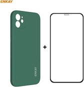 Voor iPhone 12 Hat-Prince ENKAY ENK-PC0682 Vloeibare siliconen schokbestendige behuizing met rechte rand + 0,26 mm 9H 2.5D volledige lijm gehard glasfilm (donkergroen)