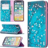 Gekleurde tekening patroon onzichtbare magnetische horizontale flip PU lederen tas met houder & kaartsleuven & portemonnee voor iPhone X / XS (pruimenbloesem)