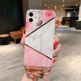 Voor iPhone 12/12 Pro Plating Marble Pattern Soft TPU beschermhoes met schouderriem (roze roos)