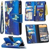 Voor Nokia 5.3 Gekleurde Tekening Patroon Rits Horizontale Flip Leren Case met Houder & Kaartsleuven & Portemonnee (Goud Vlinder)