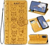 Voor OPPO A52 / A72 / A92 Leuke Kat en Hond Reliëf Horizontale Flip Leren Case met Beugel / Kaartsleuf / Portemonnee / Lanyard (Geel)