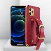 Gegalvaniseerde TPU-lederen hoes met krokodillenpatroon met polsband voor iPhone 11 Pro Max (rood)