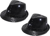 2x stuks zwart pailletten hoedje met LED licht - Carmaval verkleed hoeden