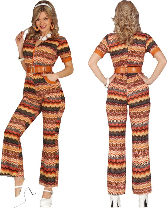 Vintage jumpsuit kobaltblauw met kleurrijke print jaren 70 - Froufrou's