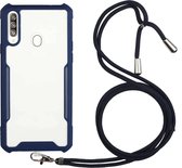 Voor Samsung Galaxy A40 acryl + kleur TPU schokbestendig hoesje met nekkoord (donkerblauw)
