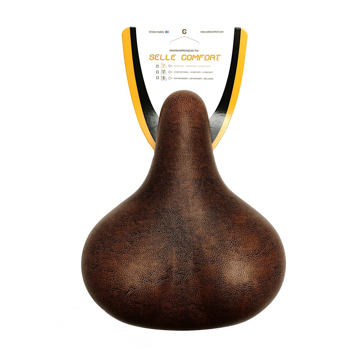 Selle Comfort Zadel, Retro medium bruin. Vacuum gesealed met hangveren, zonder strop (hangverpakking)