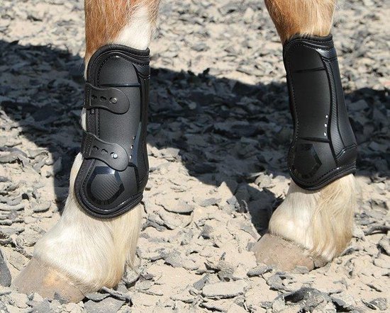 Zwarte peesbeschermers met drie banden op de voorbenen van een bruin paard.