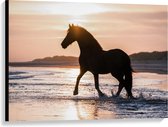 Canvas  - Silhouet van Paard Sjokkend over Strand - 100x75cm Foto op Canvas Schilderij (Wanddecoratie op Canvas)