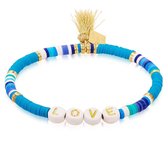 Twice As Nice High fashion armband, blauwe fimo beads, love met floche 19 cm