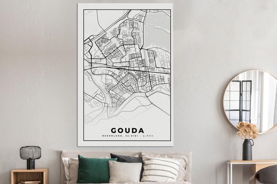 Toile Peinture Carte - Gouda - Zwart - Wit - 120x180 cm - Décoration murale XXL