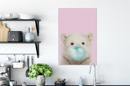 Canvas schilderij kinderen - IJsbeer - Kauwgom - Roze - Blauw - Kinderen - Meisjes - Canvas Meisjes - Muurdecoratie Meiden - Kids - 60x90 cm