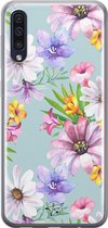 Samsung Galaxy A50 siliconen hoesje - Mint bloemen - Soft Case Telefoonhoesje - Blauw - Bloemen