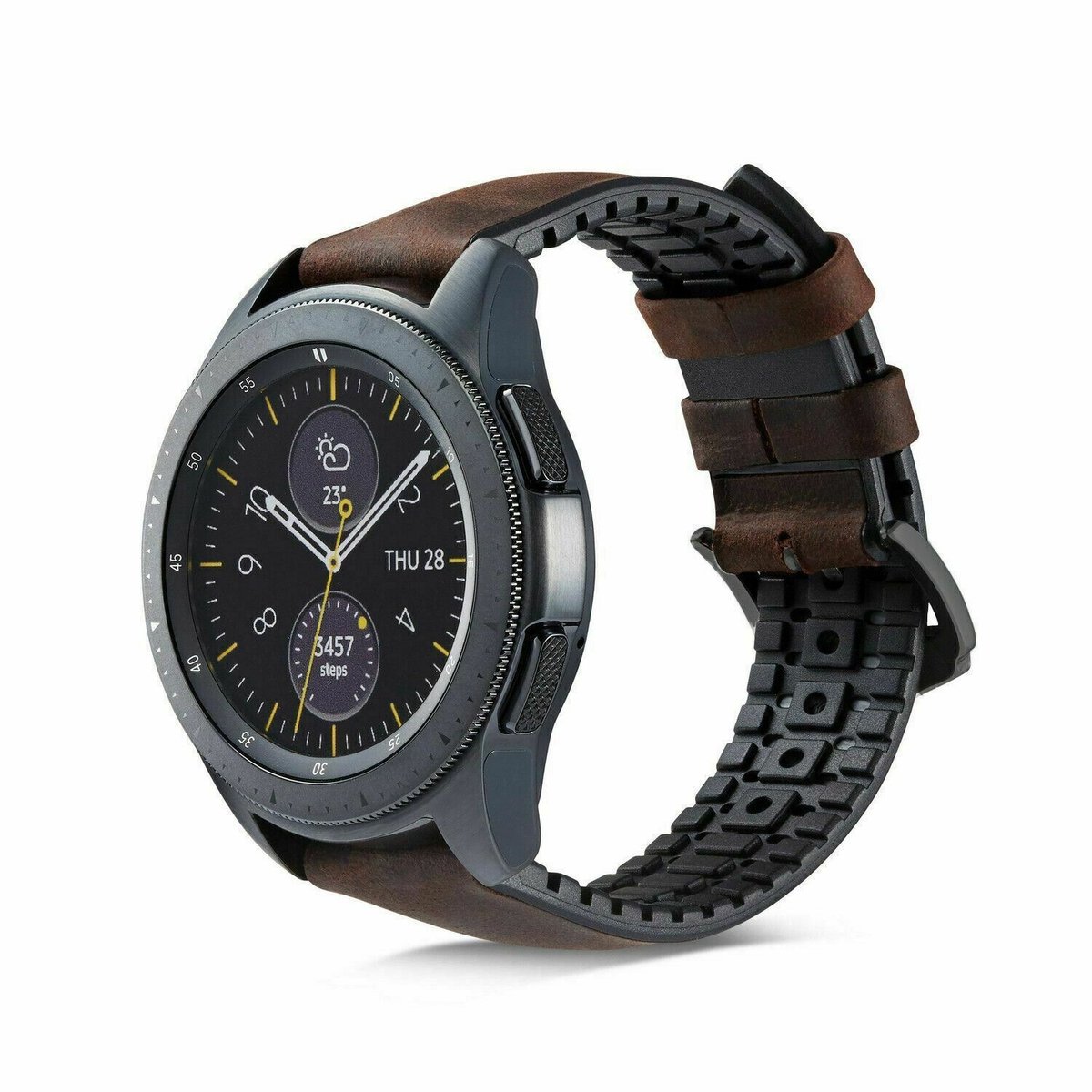 Geschikt voor Samsung Galaxy Watch leren silicone band - zwart/bruin - 45mm / 46mm