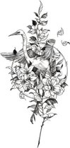 Tattoo flowery stork - plaktattoo - tijdelijke tattoo - 21 cm x 11.4 cm (L x B)