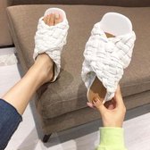 Dames zomer open sandalen geweven platte slippers, maat: 36 (wit)