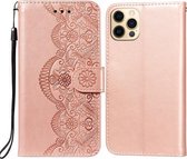 Flower Vine Embossing Pattern Horizontale Flip Leather Case met Card Slot & Holder & Wallet & Lanyard Voor iPhone 12/12 Pro (Rose Gold)