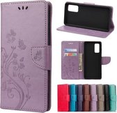 Voor Samsung Galaxy A72 5G / 4G vlinderbloempatroon horizontale flip lederen tas met houder & kaartsleuven en portemonnee (lichtpaars)