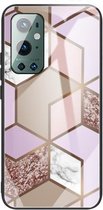 For One Plus 9 Pro Abstract Marble Pattern Glass beschermhoes (Rhombus Orange Purple)