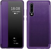 Voor Huawei P30 magnetisch zijvensterweergave schokbestendig horizontaal flip lederen smartcase (paars)