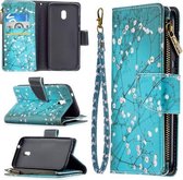Voor Nokia C1 Plus Gekleurde Tekening Patroon Rits Horizontale Flip Lederen Case met Houder & Kaartsleuven & Portemonnee (Pruimenbloesem)
