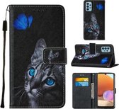 Voor Samsung Galaxy A32 4G (EU-versie) Cross Texture Painting Pattern Horizontale Flip Leather Case met houder & kaartsleuven & portemonnee & Lanyard (Blue Butterfly Cat Eyes)