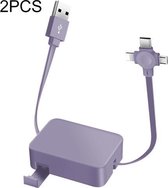 2 STUKS 3A USB naar 8Pin + Micro USB + USB-C / Type-C telescopische drie-in-één datakabel met mobiele telefoonhouder Datakabel, lengte: 1m (mysterieus paars)