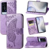 Voor vivo X60 Pro Butterfly Love Flowers Reliëf horizontale flip lederen tas met houder & kaartsleuven & portemonnee & lanyard (lichtpaars)