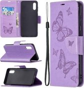Voor Samsung Galaxy A02 Embossing Twee Vlinders Patroon Horizontale Flip PU Lederen Case met Houder & Kaartsleuf & Portemonnee & Lanyard (Paars)
