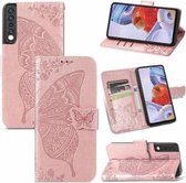 Voor LG Stylo 7 4G Vlinder Liefde Bloem Reliëf Horizontale Flip Lederen Case met Beugel/Kaartsleuf/Portemonnee/Lanyard (Rose Goud)