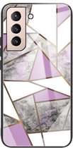 Voor Samsung Galaxy S21 + 5G Abstract Marble Pattern Glass beschermhoes (Rhombus Grey Purple)