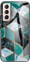 Voor Samsung Galaxy S21 + 5G Abstract Marble Pattern Glass beschermhoes (Rhombus Dark Green)