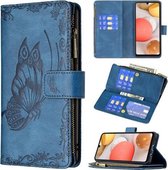 Voor Samsung Galaxy A42 Flying Butterfly Embossing Pattern Rits Horizontale Flip Leather Case met houder & kaartsleuven & portemonnee (blauw)