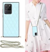 Voor Samsung Galaxy S20 Ultra Elegant Rhombic Pattern Microfiber Leather + TPU Shockproof Case met Crossbody Strap Chain (Blauw)