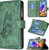 Voor Samsung Galaxy A21s Flying Butterfly Embossing Pattern Rits Horizontale Flip Leather Case met houder & kaartsleuven & portemonnee (groen)